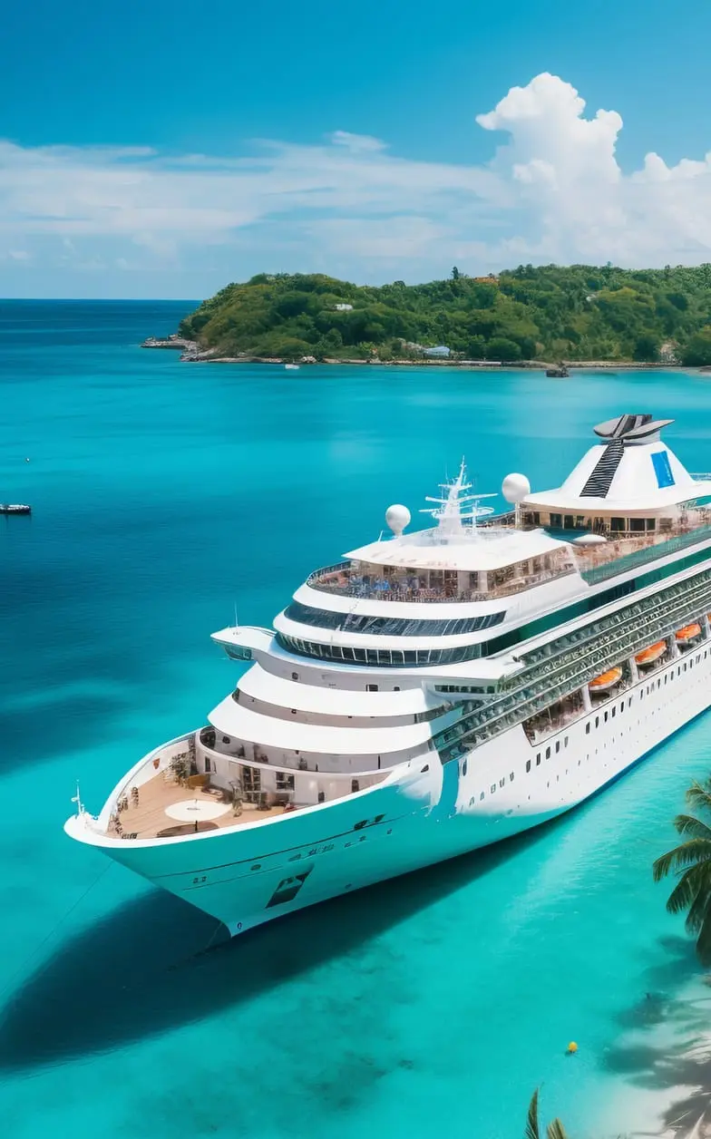 Ein weißes Kreuzfahrtschiff in einer türkisfarbenen Bucht neben einem Palmenstrand